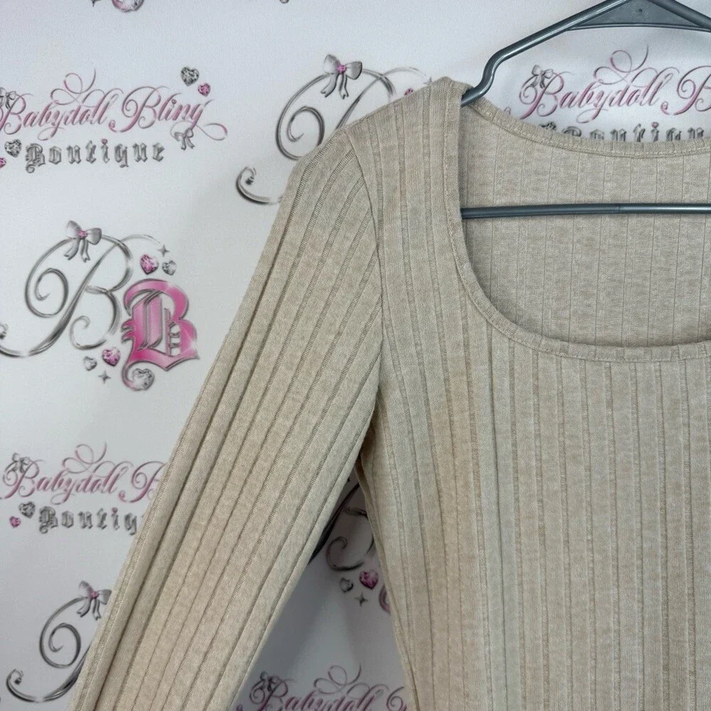Bodysuit one piece long sleeves, Elegant Beige Ribbed Long Sleeve Bodysuit